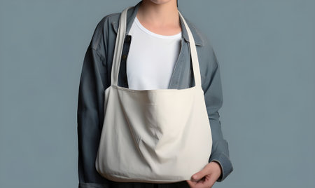 Young woman with eco bag on gray background, closeup. Zero waste conceptの素材