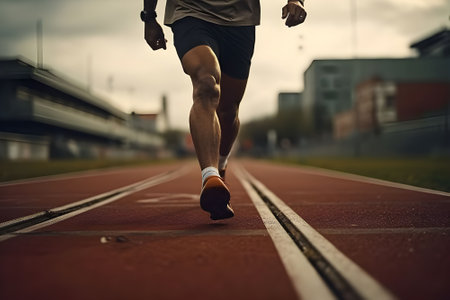Runner athlete running on racetrack at sunset. Caucasian male athlete training outdoor.の素材
