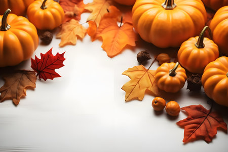 Autumn leaves and pumpkins on white wooden table, closeupの素材