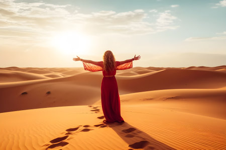 Beautiful young woman in red dress standing in the desert and looking at sunsetの素材
