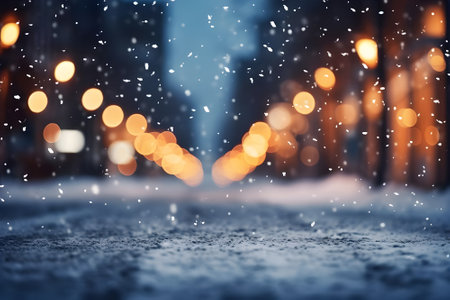 Winter city street with snowfall, bokeh lights and falling snowの素材
