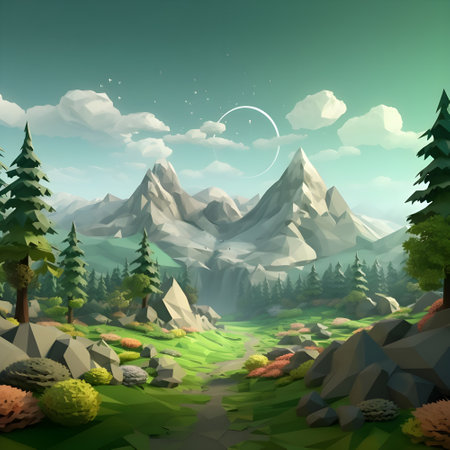Fantasy landscape with mountains, trees and meadow. Vector illustrationの素材