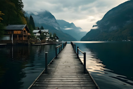 Hallstatt lake in the Austrian Alps with a wooden jetty.の素材