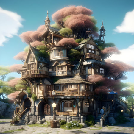 3D rendering of a fantasy house made of wood in the parkの素材