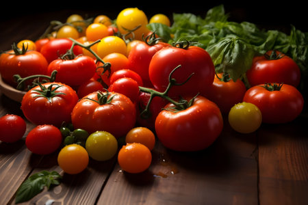 Variety of fresh tomatoes on wooden background. Selective focus.の素材