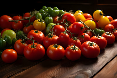Assorted fresh tomatoes on wooden table, closeup. Healthy foodの素材