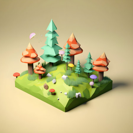 Mushroom forest in low poly style. 3d illustration.の素材