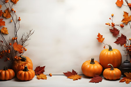 Autumn background with pumpkins, leaves and berries. Space for textの素材
