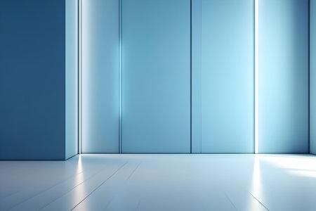 3d rendering of empty interior with blue wall and white floor.の素材