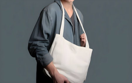 Woman in a blue shirt with a white canvas bag on a gray backgroundの素材