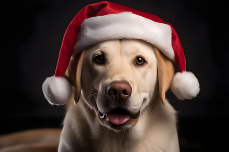 Golden retriever dog wearing santa claus hat on black backgroundの素材