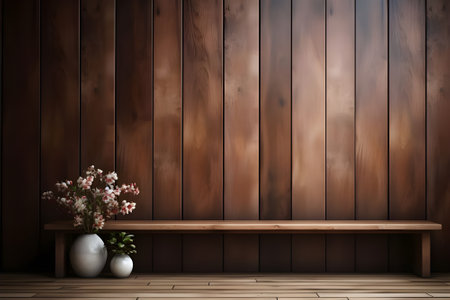 Wooden shelf with vase of flowers on wooden wall background.の素材