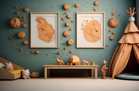 Mock up wall in children's room with toys. 3D renderingの素材