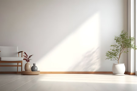 Interior of modern living room with white walls, tiled floor, comfortable sofa and plant in vase. 3d renderの素材
