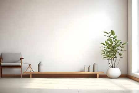 Interior of modern living room with white walls, tiled floor, wooden coffee table and armchair. 3d renderの素材