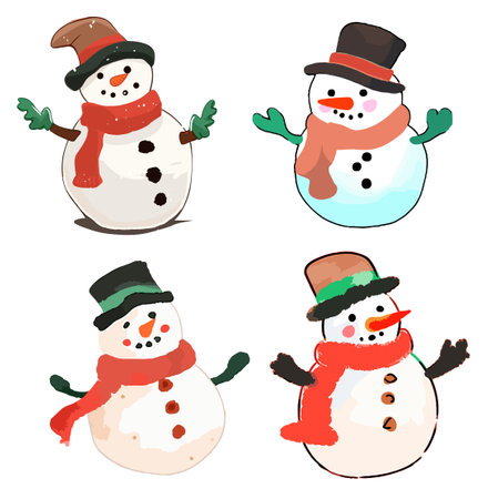 Set of cute snowmen isolated on white background. Vector illustration.のイラスト素材