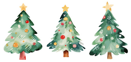 Set of Christmas trees in watercolor style. Hand drawn vector illustration.のイラスト素材