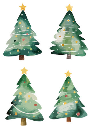 Set of Christmas trees in watercolor style. Hand drawn vector illustration.のイラスト素材