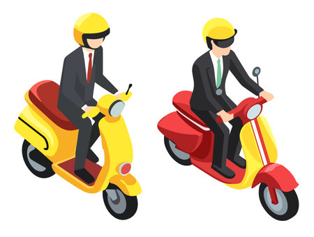 Isometric flat 3d vector illustration of a businessman on a scooterのイラスト素材