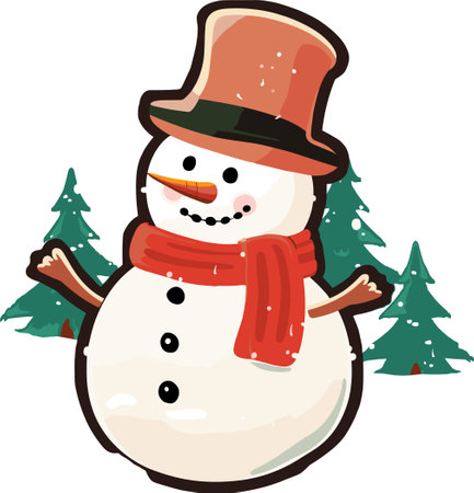 Illustration of a snowman with a red scarf and hat on isolated white backgroundのイラスト素材