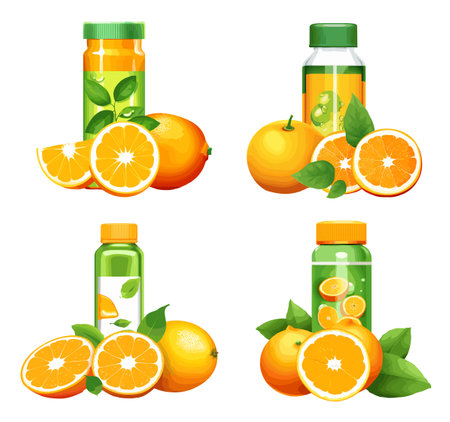 Orange juice in bottle and orange slices with green leaves vector illustration.のイラスト素材