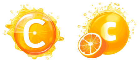 Orange juice splash with letter C and orange fruit. Vector illustration.のイラスト素材