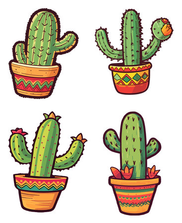 Cactus icon set in cartoon style. Collection of cactus vector illustration.のイラスト素材
