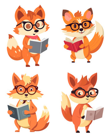 Cute cartoon fox character with glasses reading a book. Vector illustrationのイラスト素材