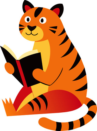 Illustration of a cute tiger reading a book on a white backgroundのイラスト素材