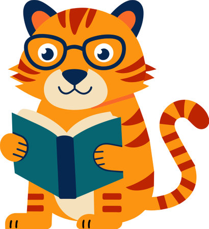 This is an illustration of a cute little tiger reading a book.のイラスト素材