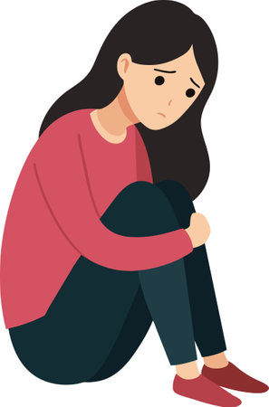 Illustration of a Sad Teenage Girl Sitting on the Floor Looking Downのイラスト素材