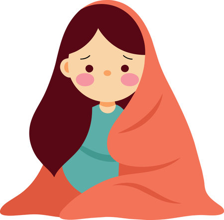 Illustration of a little girl wrapped in a red blanket and sleepingのイラスト素材