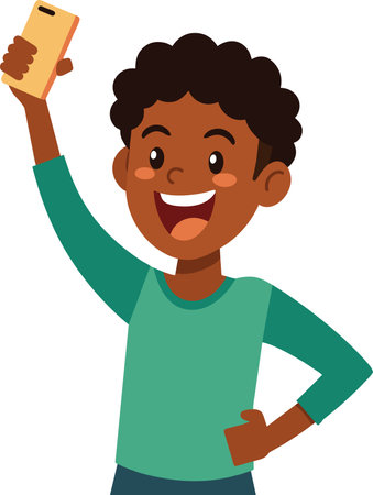 Illustration of a Black Boy Taking a Selfie with a Smartphoneのイラスト素材