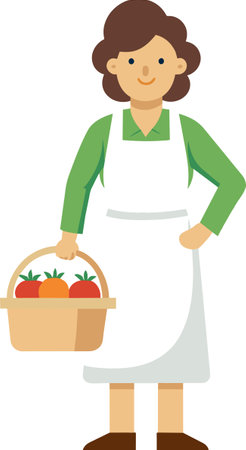 Illustration of a woman holding a basket full of fresh organic tomatoesのイラスト素材