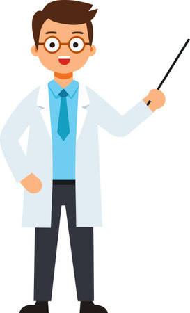 Male scientist or professor with a pointer in his hand. Vector illustration.のイラスト素材