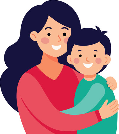 Illustration of a Mother and Son Hugging and Smiling Togetherのイラスト素材