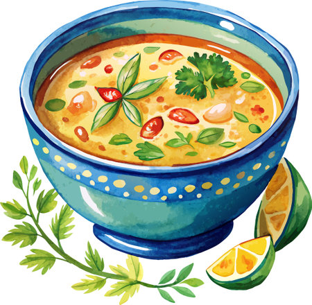 Illustration of a bowl of chickpea soup on a white backgroundのイラスト素材