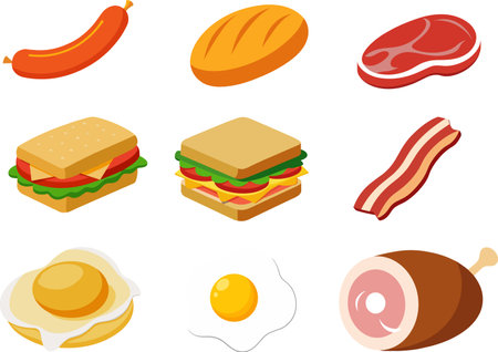 illustration of a set of food flat vector, egg, bread, sandwich, egg benedict, bacon, ham, sausage, meatのイラスト素材