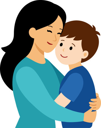 Illustration of a Mother Hugging her Son on Mother's dayのイラスト素材
