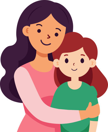 Illustration of a Mother and Daughter Hugging and Looking at the Cameraのイラスト素材