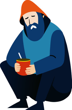Poor man begging on street holding empty bowl and feeling hungryのイラスト素材