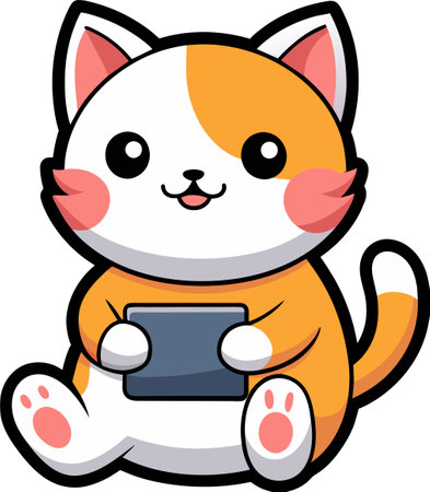 Illustration of Cute Cartoon Cat Sitting and Holding a Tablet PCのイラスト素材