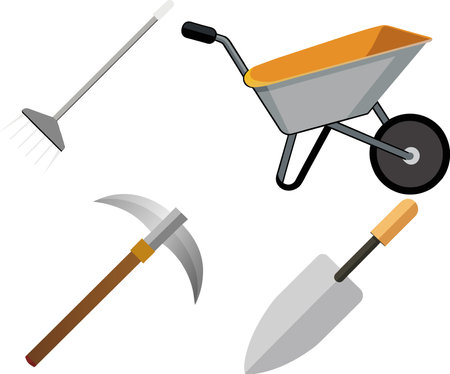 Illustration of a wheelbarrow, shovel, rake and trowelのイラスト素材