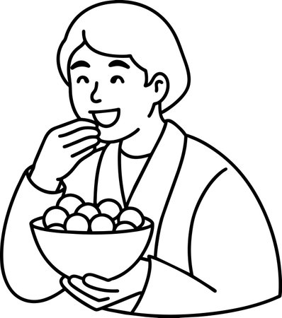 Black and White Cartoon Illustration of Man with Bowl of Fruits for Coloring Bookのイラスト素材