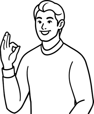 Black and White Cartoon Illustration of Happy Young Man Gesturing OK Signのイラスト素材