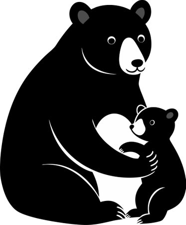 Black and white vector illustration of a mother bear holding her baby.のイラスト素材
