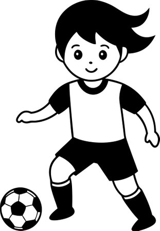 Black and White Cartoon Illustration of a Kid Boy Playing Soccer with Ballのイラスト素材