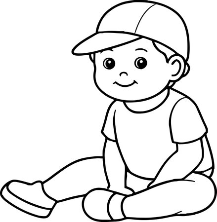 Black and White Cartoon Illustration of Cute Little Boy Character for Coloring Bookのイラスト素材