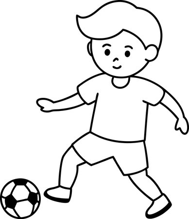 Coloring page of a cartoon boy playing soccer. Vector illustration.のイラスト素材