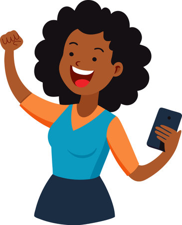 Illustration of a Black Woman Celebrating Success Holding a Smartphoneのイラスト素材